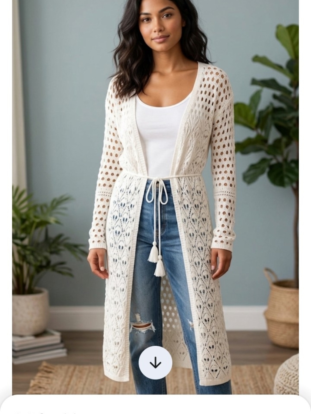 Openwork Cream Tie-Waist Long Cardigan